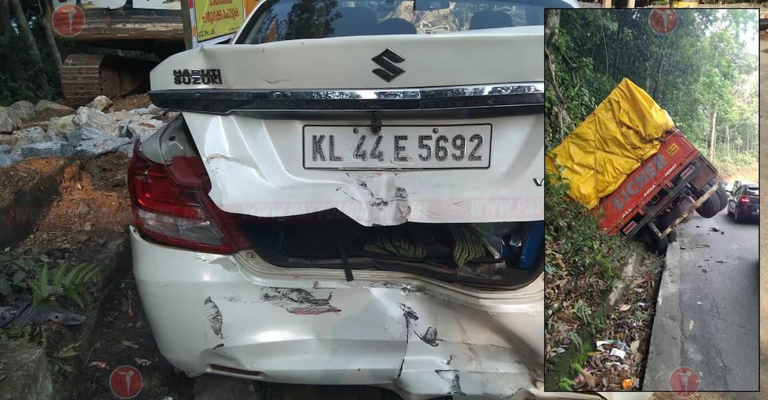 താമരശ്ശേരി ചുരത്തിൽ നിയന്ത്രണം വിട്ട ലോറി കാറിലും ബൈക്കിലും ഇടിച്ചു മറിഞ്ഞു; ബൈക്ക് യാത്രക്കാരൻ രക്ഷപ്പെട്ടത് തലനാരിഴയ്ക്ക്,
